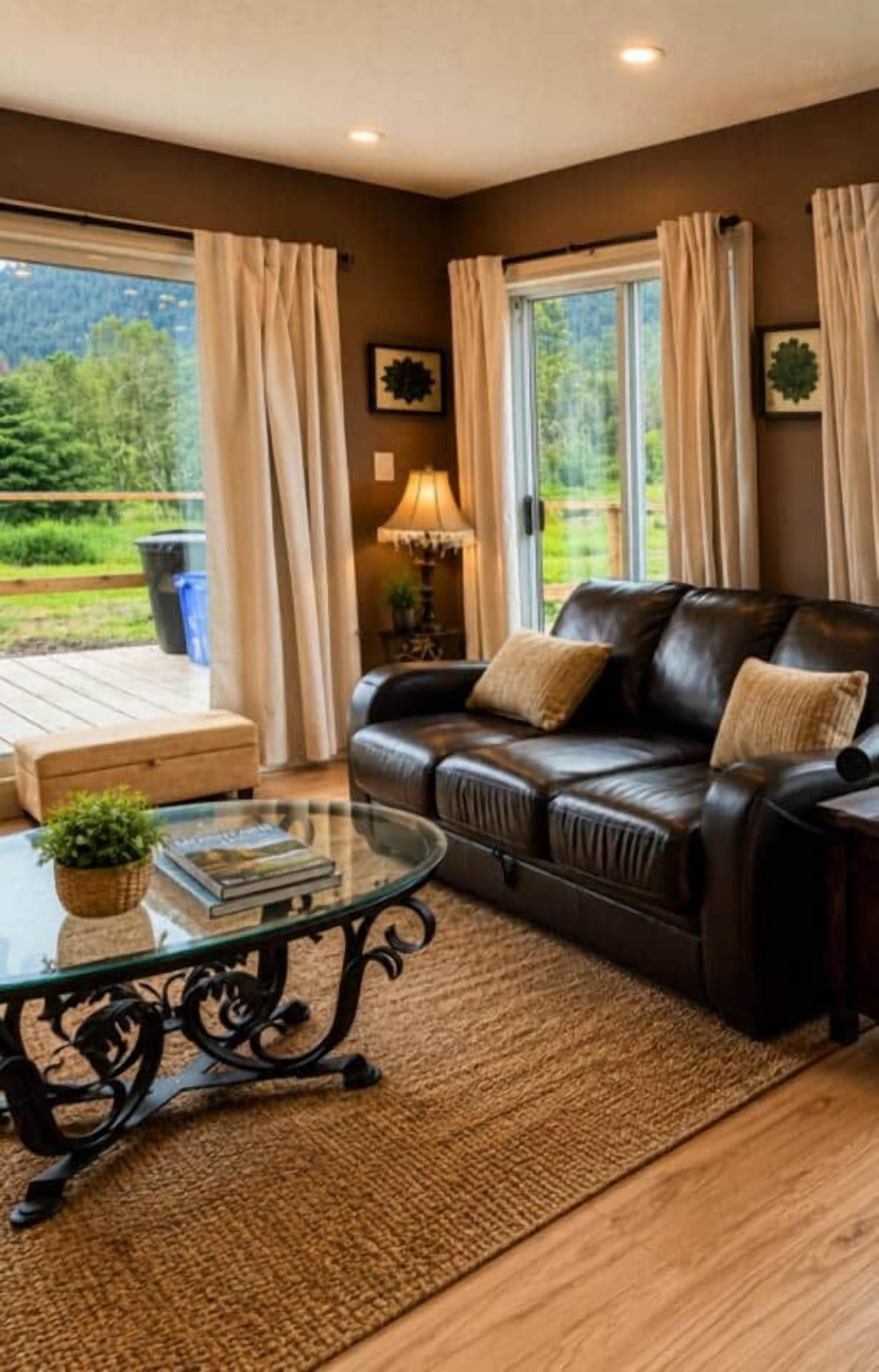 A living room with a leather sofa, a glass coffee table, and a view of a garden through large windows.