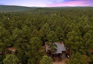 Uma cabana rodeada por uma floresta densa, com vista ampla da paisagem ao redor.