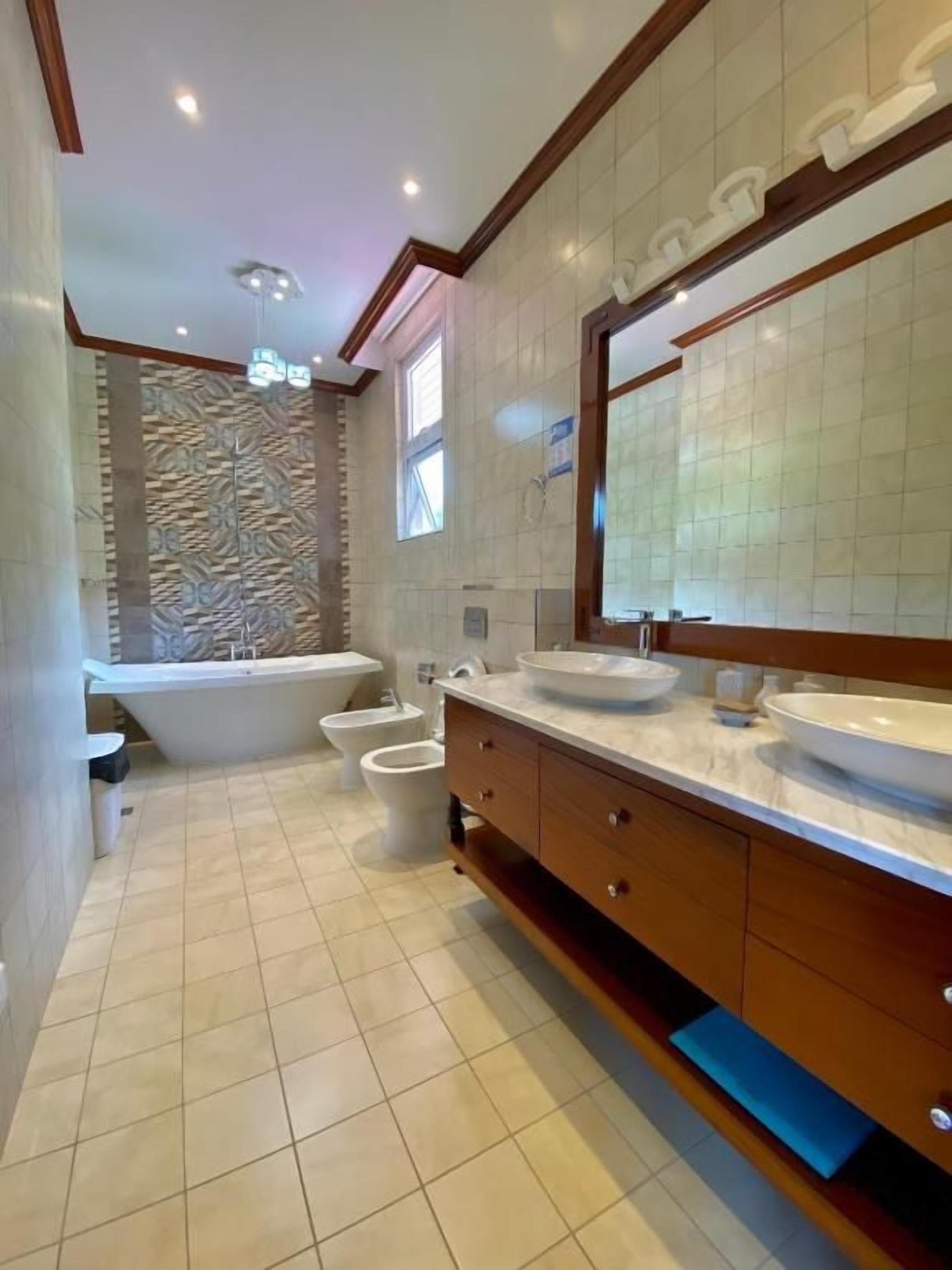 A modern bathroom with a freestanding bathtub, a large vanity with a mirror, and a toilet.