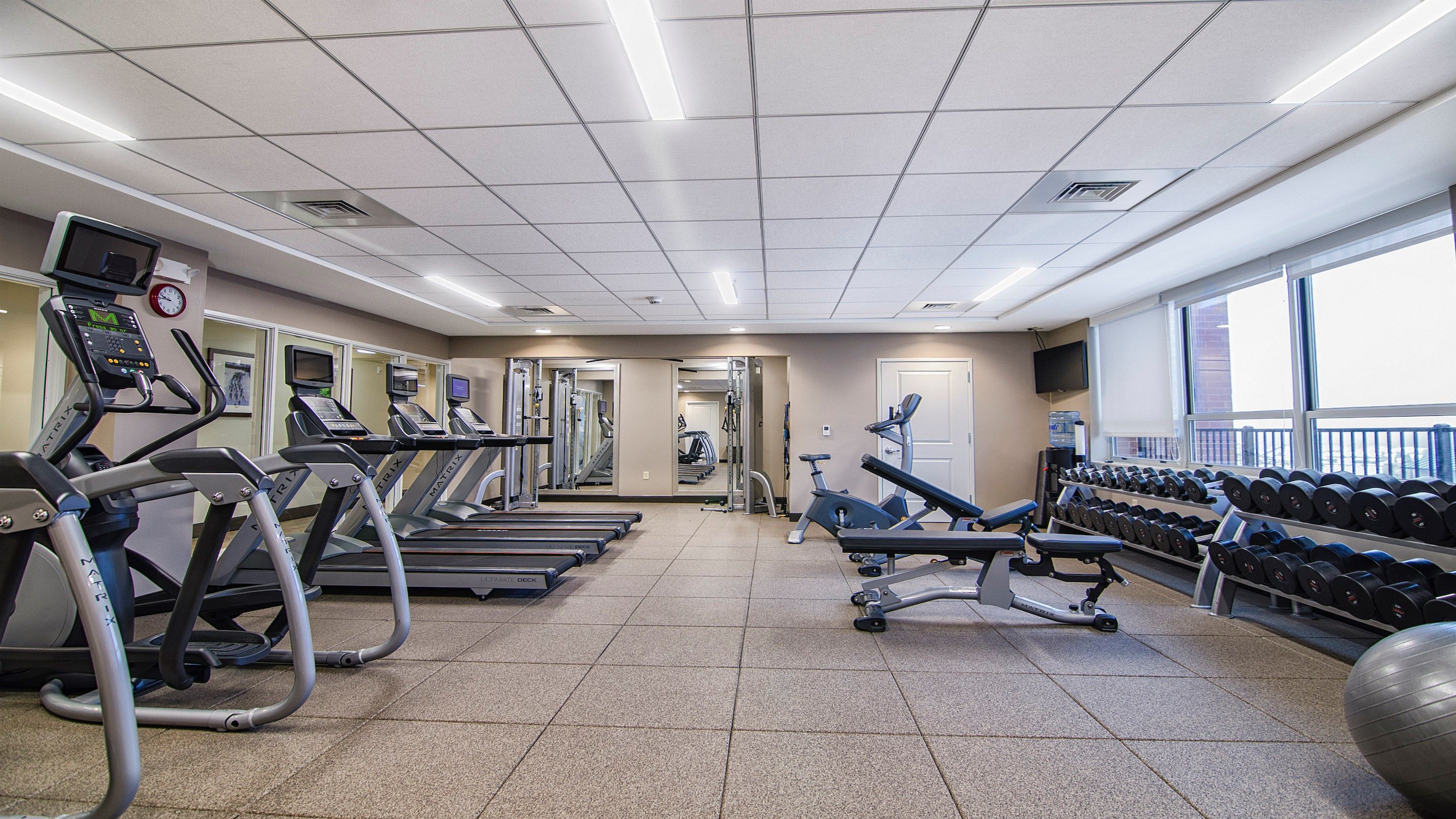A gym with treadmills, elliptical machines, a weight bench, dumbbells, and exercise balls.