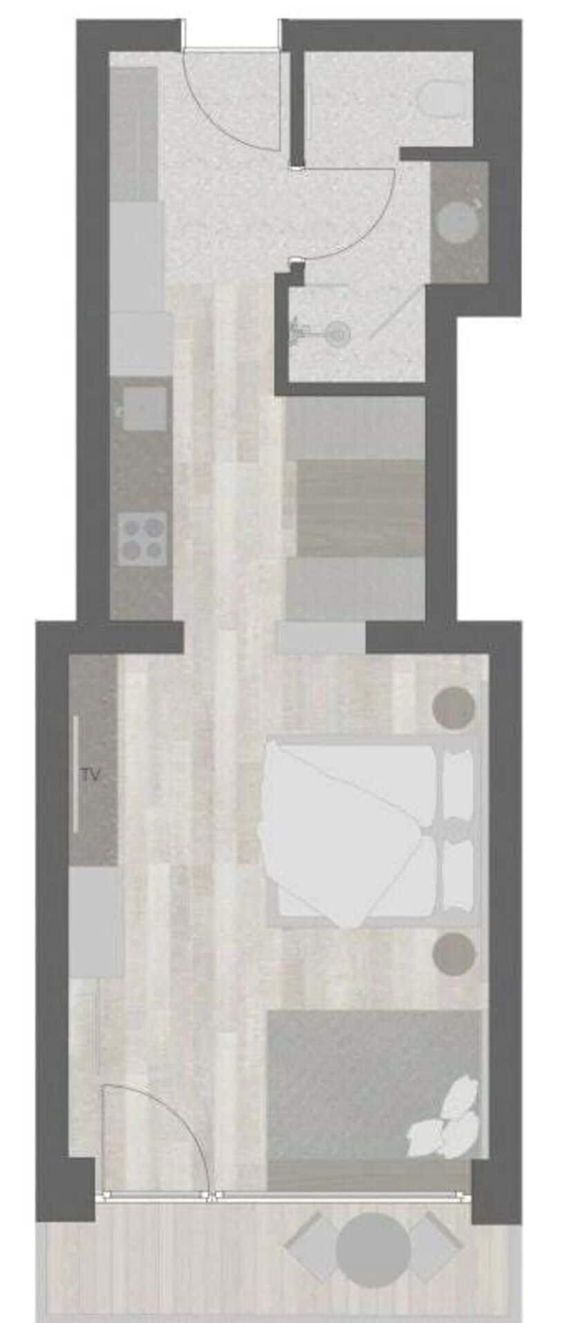 Een plattegrond met een woongedeelte, keuken, eetruimte en een televisie.