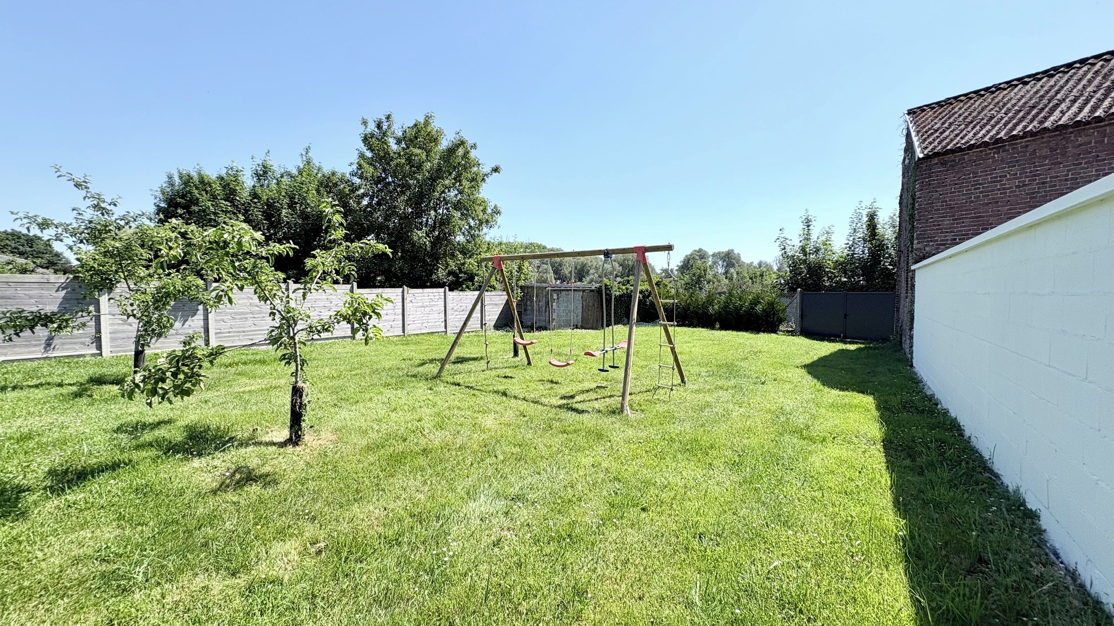 A backyard with a swing set, a small tree, and a white wall.