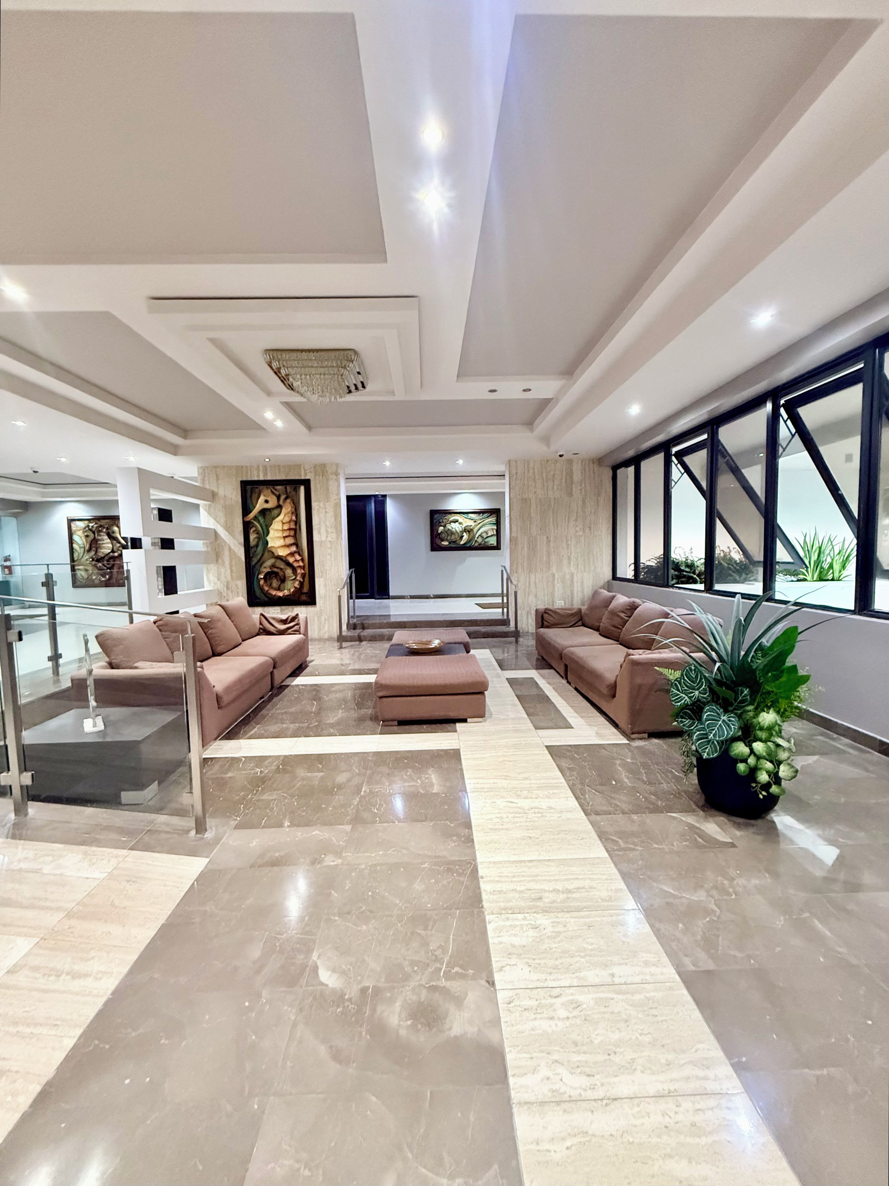 A modern living room with two sofas, a coffee table, and a large potted plant.