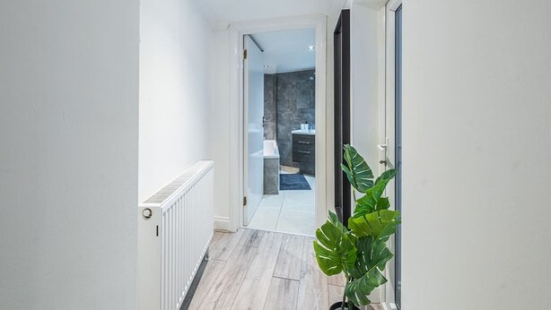 Un pasillo con un radiador, una planta en maceta y una puerta abierta que da a un baño con ducha y lavabo.