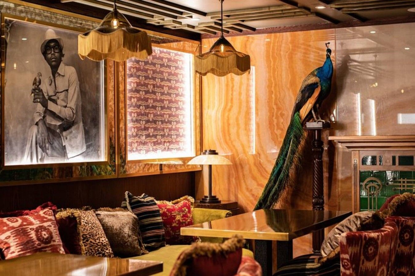 Een kamer met een pauw, behang met een patroon en een ingelijst fotoportret aan de muur.