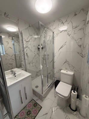Un baño con ducha compartimentada por vidrio, lavamanos blanco y un inodoro.
