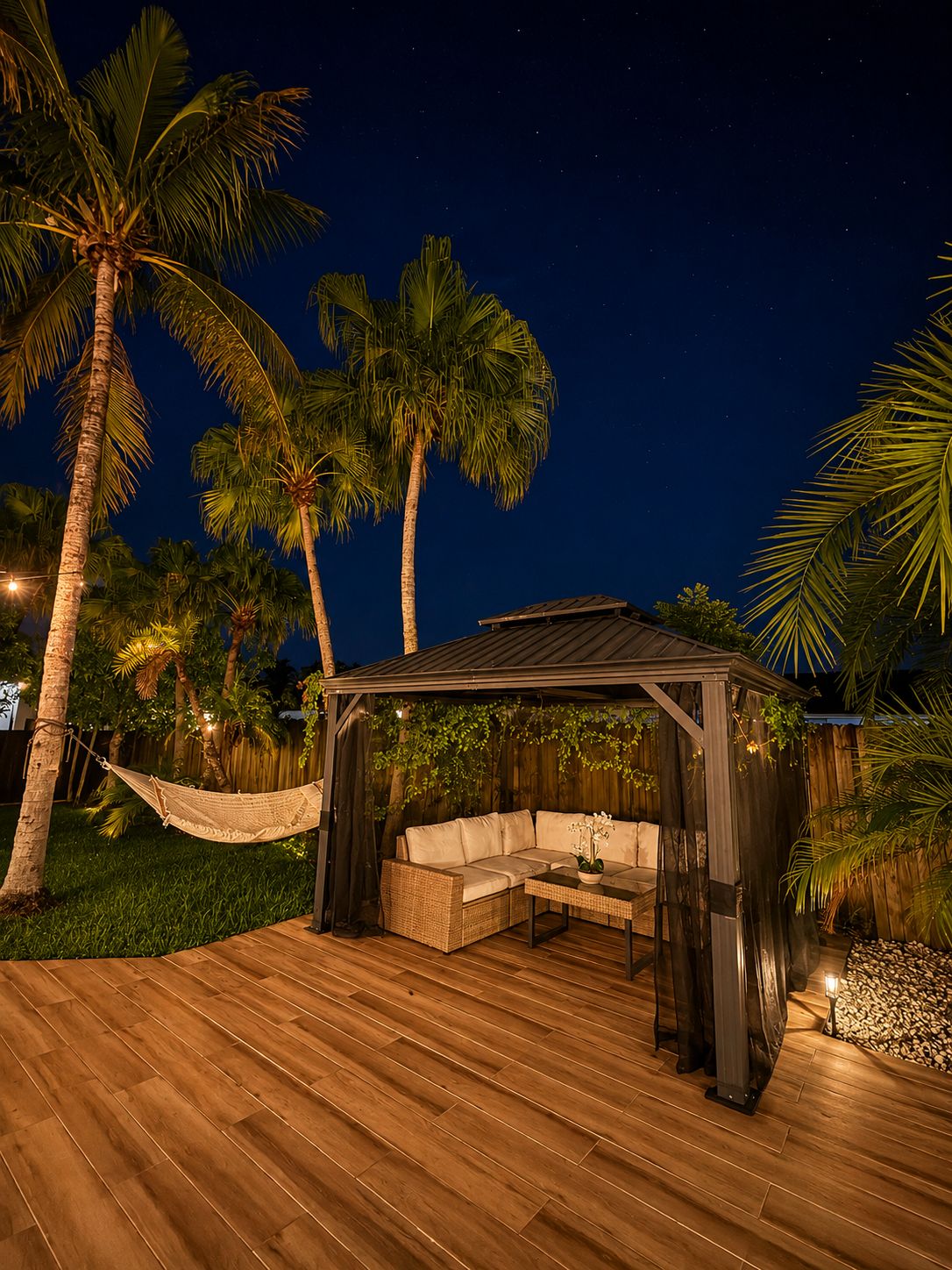 Une terrasse en bois avec un espace salon couvert, des palmiers et un ciel étoilé.