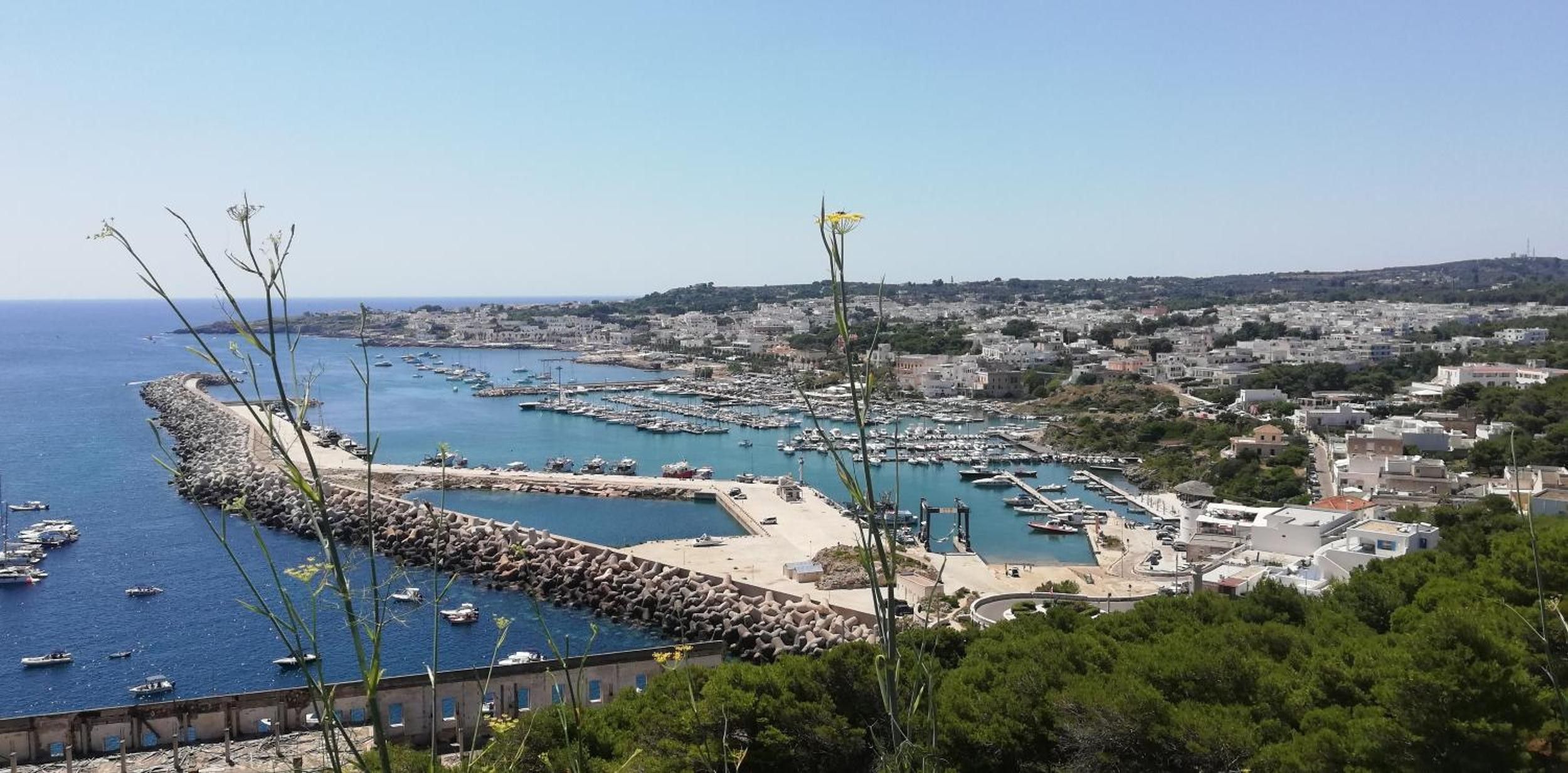 Un pueblo costero con un puerto deportivo, rompeolas rocoso y una zona urbana densa.