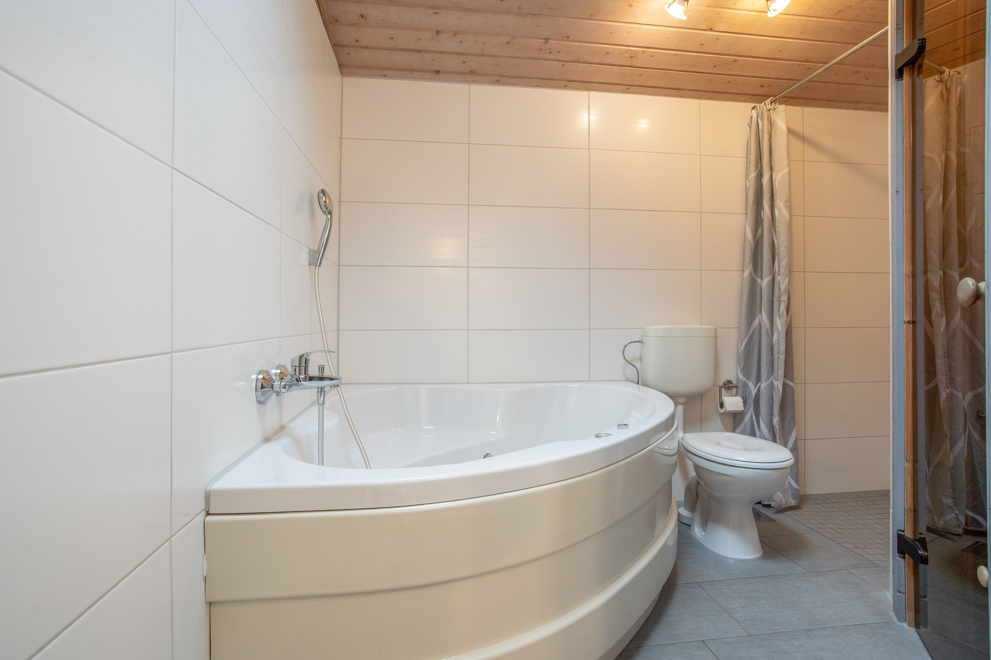 Ein modernes Badezimmer mit freistehender Badewanne, Toilette und Duschbereich.
