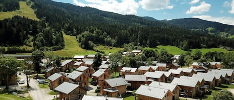 Un grupo de cabañas de madera con techos inclinados, rodeadas de campos verdes y colinas boscosas.