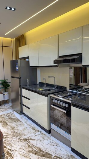 A modern kitchen with stainless steel appliances, a built-in oven, and a black countertop. - Cozy 1-bedroom studio in tranquil Giza Governorate with AC (Giza Governorate)