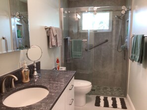 Un baño con ducha envuelta en vidrio, un lavamanos y un inodoro.