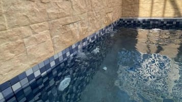 A swimming pool with a stone wall and blue-tiled edge.