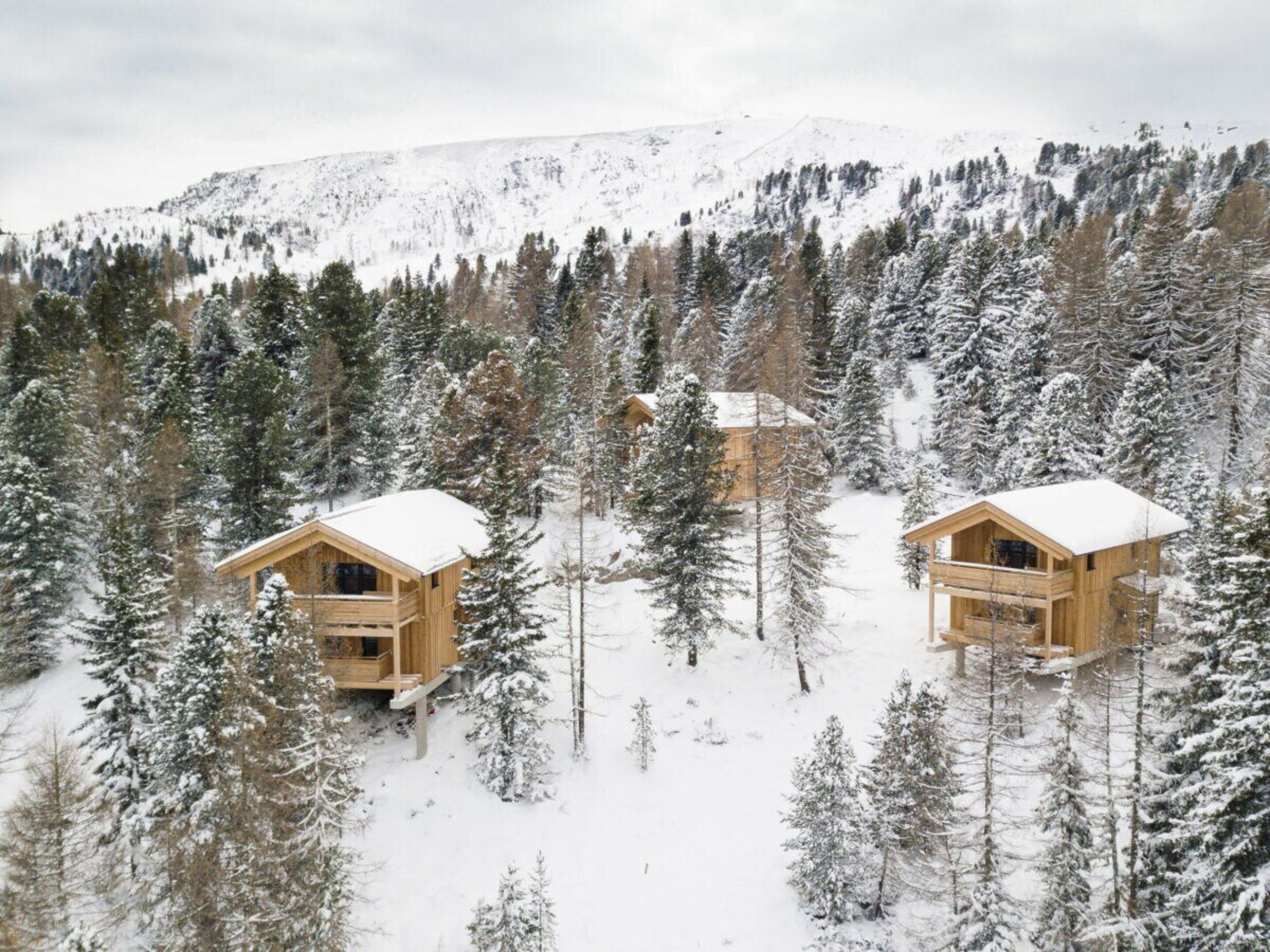 Duas cabanas de madeira rodeadas por árvores cobertas de neve e uma montanha ao fundo.