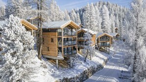 A wooden cabin complex surrounded by snow-covered trees. - Cabin in Turrach With Balcony and Wi-fi (Stadl-Predlitz)