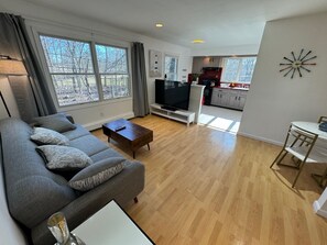 A modern living room with a grey sofa, a coffee table, and a TV. - Cozy 1-bedroom apartment in perfect Hillsdale with AC (Hillsdale)
