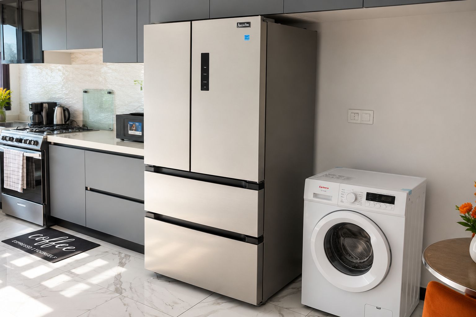 Een kleine keuken met een geïntegreerde koelkast, een wasmachine en een koffieapparaat.