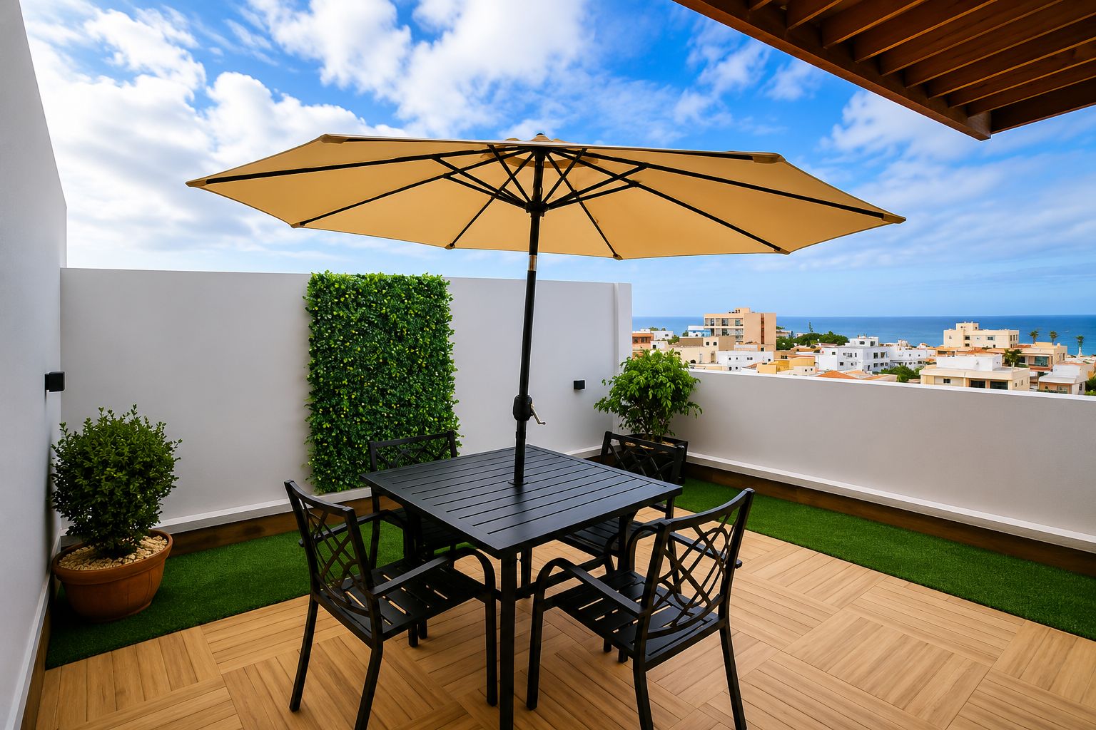 A terrace with a table and chairs, a large umbrella, and a view of the city and sea.