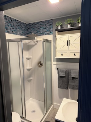 A bathroom with a glass-enclosed shower, a white sink, and a cabinet with towels.