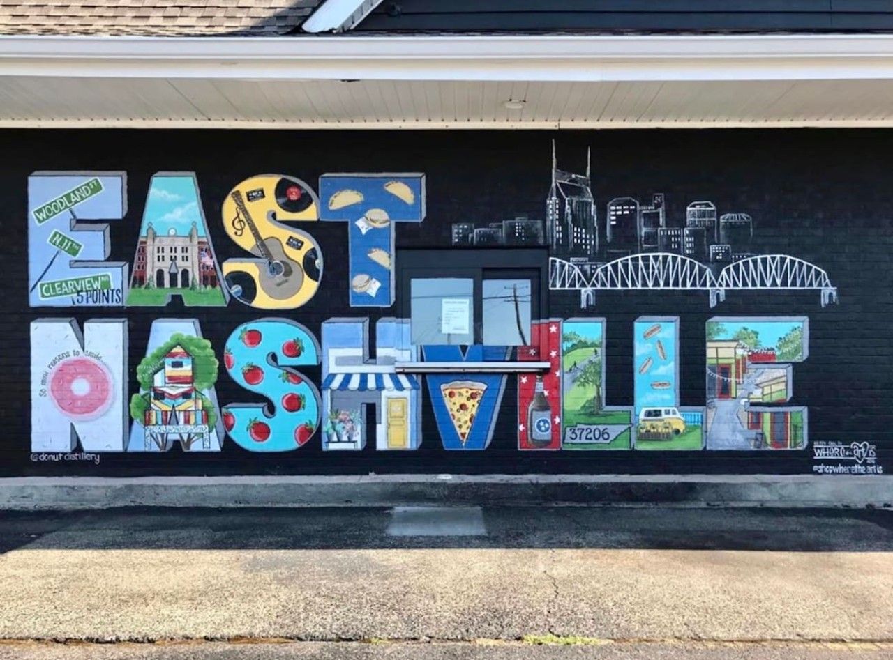A mural with the word 'EAST' and various city landmarks.