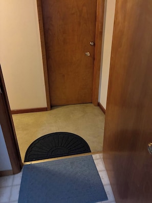 A narrow hallway with a carpeted floor leading to a wooden door with a doorknob.