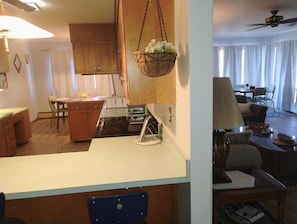 A kitchen with wooden cabinets, a stove, and a hanging flower basket.