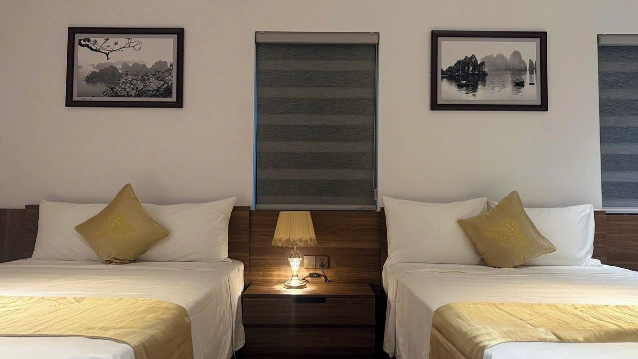 Une chambre d’hôtel avec deux lits, une table de chevet avec une lampe et des œuvres d’art encadrées accrochées aux murs.