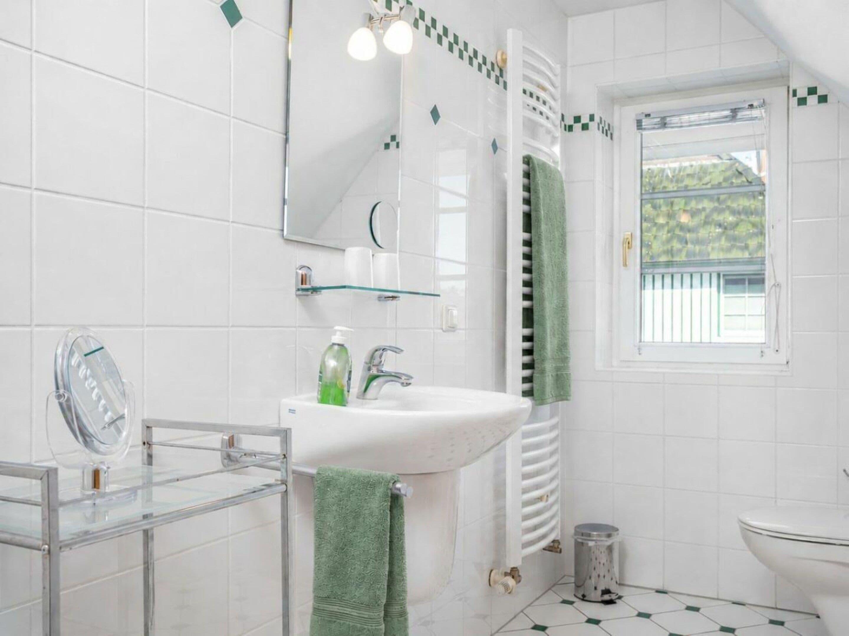 Een badkamer met een witte wastafel, een spiegel, een glazen plankje, een handdoekhouder en een raam met uitzicht op groen.