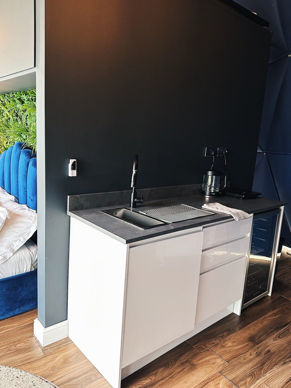 Fridge, microwave, stovetop, electric kettle