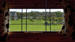 Una ventana con vistas a un campo cubierto de hierba y un edificio a lo lejos.