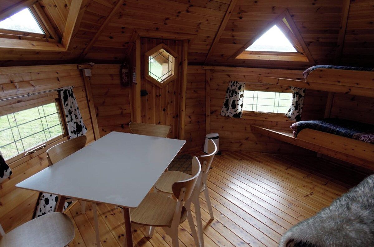 A cabin interior with a dining table, chairs, a bunk bed, and windows with curtains.