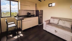 Una cocina compacta con comedor, sofá y ventana con vistas.