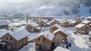 Un conjunto de cabañas de madera con tejados nevados, rodeadas por un paisaje invernal y una montaña al fondo.