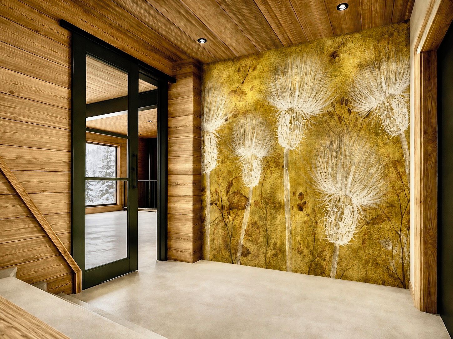 A modern interior with wooden paneling, a glass door leading outside, and a textured wall with a floral pattern.