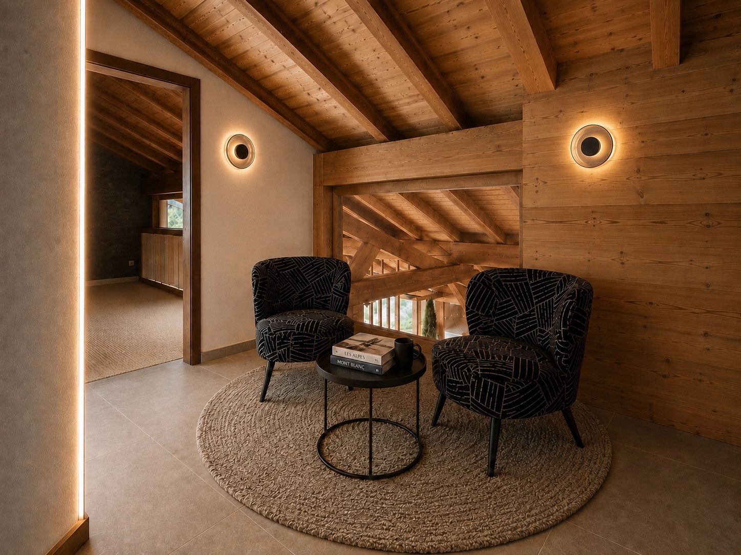 Una habitación acogedora con vigas de madera, dos sillones estampados, una mesita y una alfombra.