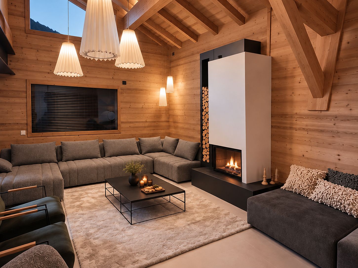 A modern living room with a sectional sofa, a fireplace, and pendant lighting.