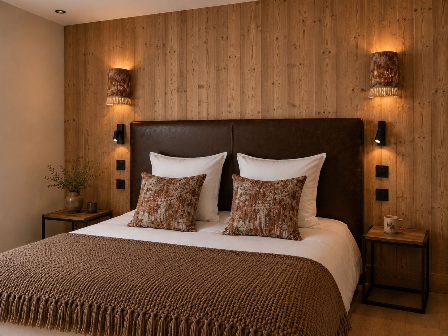 Un dormitorio con una cama grande, dos lámparas fijadas a la pared y un cabecero de madera.