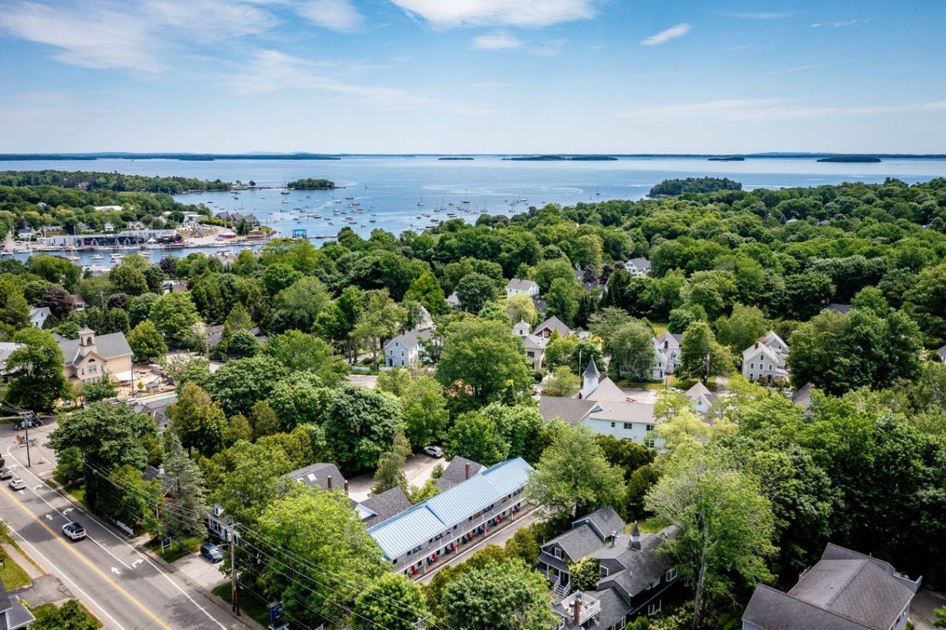 A residential area with houses surrounded by dense greenery, a road, and a body of water in the background.