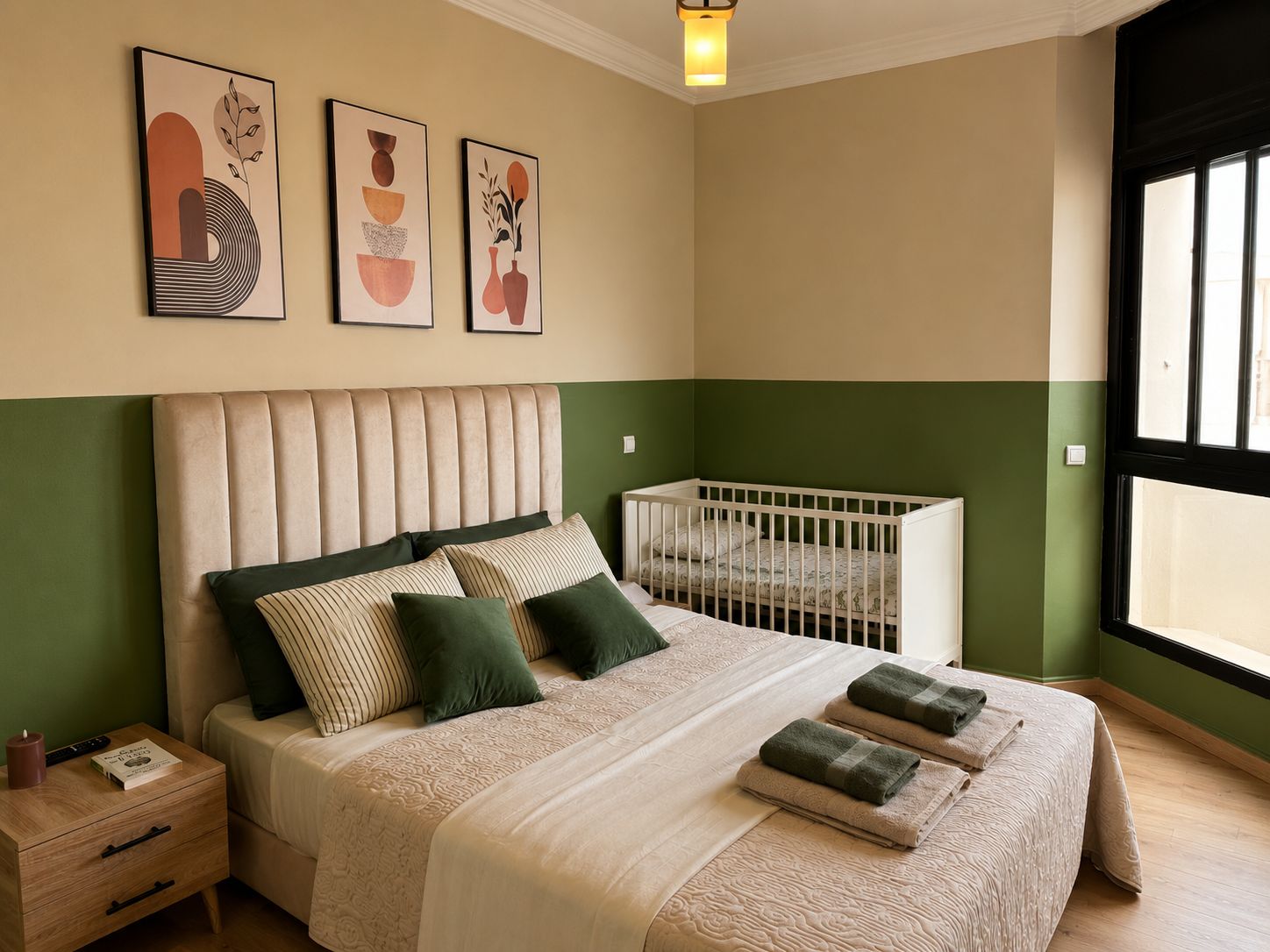Quarto com cama, mesa de cabeceira e berço.