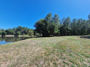A natural landscape with a body of water, grassy area, and dense trees.