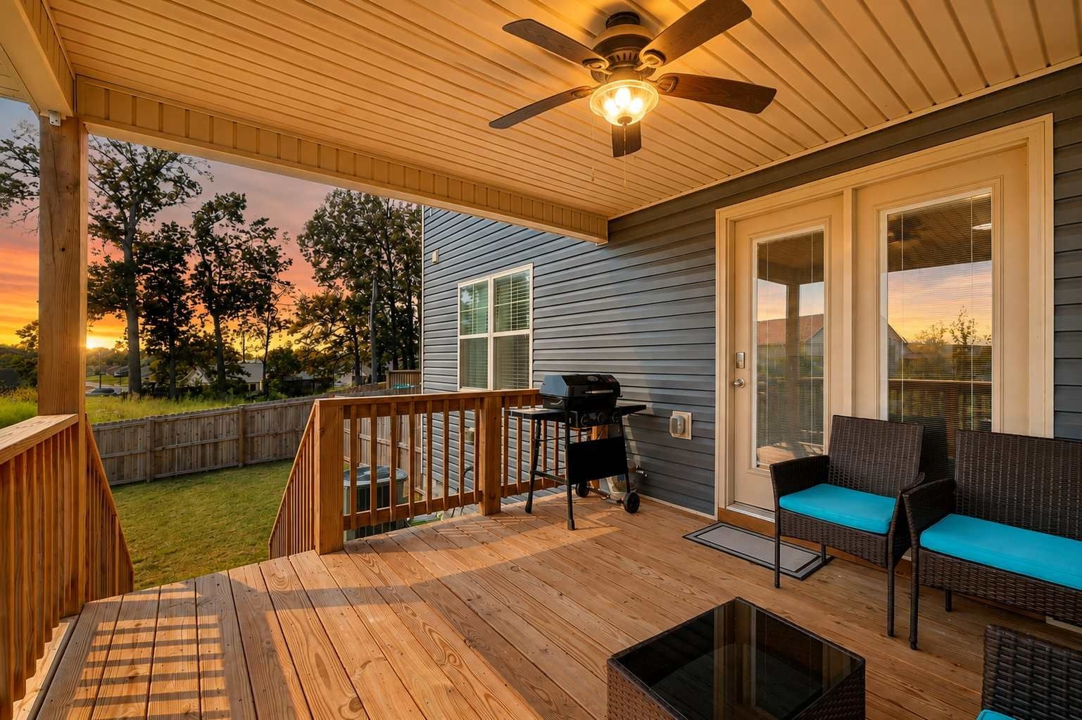 A covered patio with a ceiling fan, a grill, and outdoor furniture.