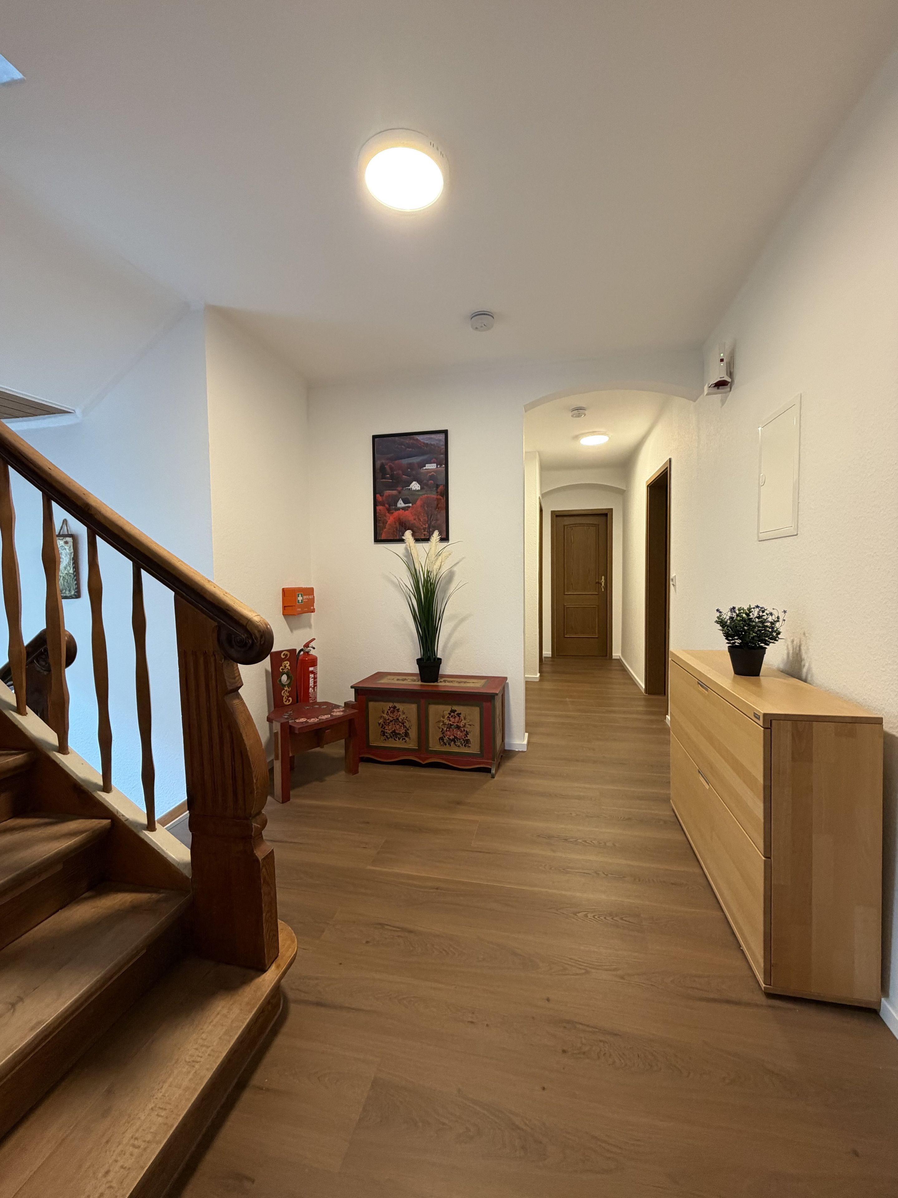 A wooden staircase leading to a landing with a framed picture and a small table with a plant. A hallway extends from the landing with a door at the end.