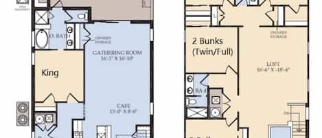 A floor plan of a hotel with a covered lanai, a 2-car garage, a kitchen, a dining area, a living room, and a guest bathroom.