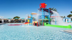 Ein Wasserpark mit zahlreichen Rutschen und Wasserspielen, umgeben von einem Pool und einer Liegebereich mit Sonnenschirmen.