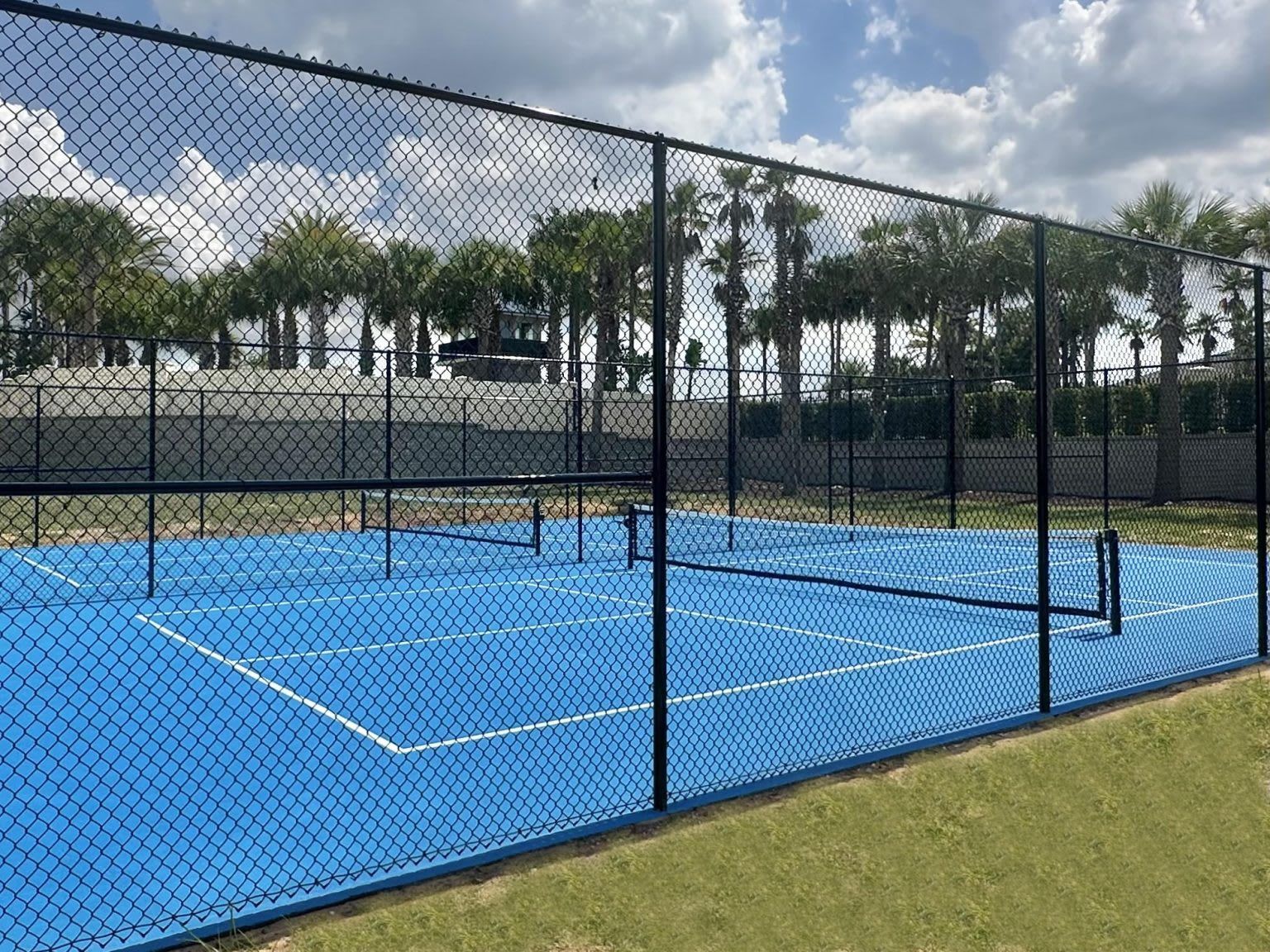 Cancha de tenis azul rodeada por una cerca de malla metálica, con palmeras al fondo.