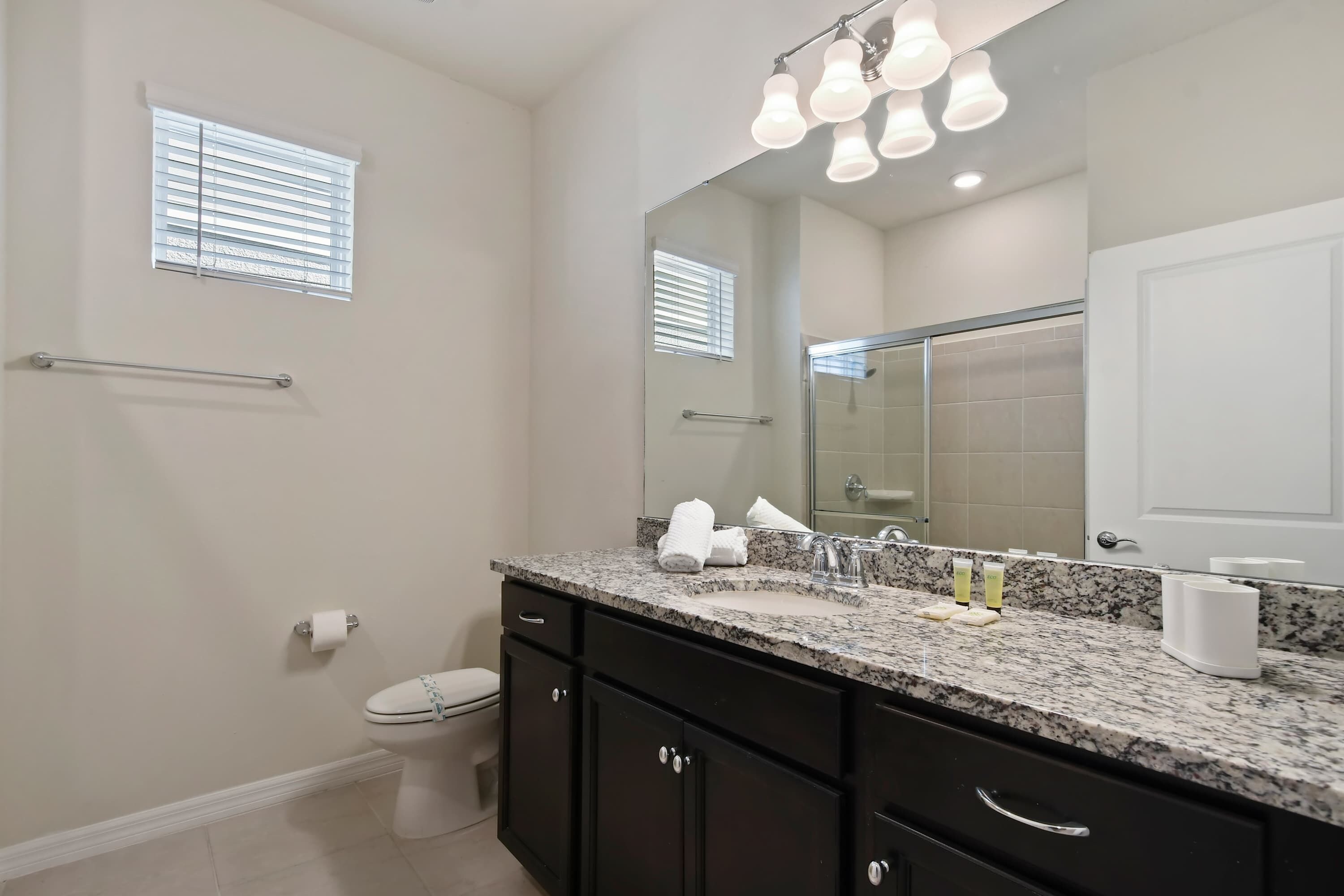 Une salle de bain avec un comptoir en granit, des toilettes, un lavabo, un miroir et un espace douche.