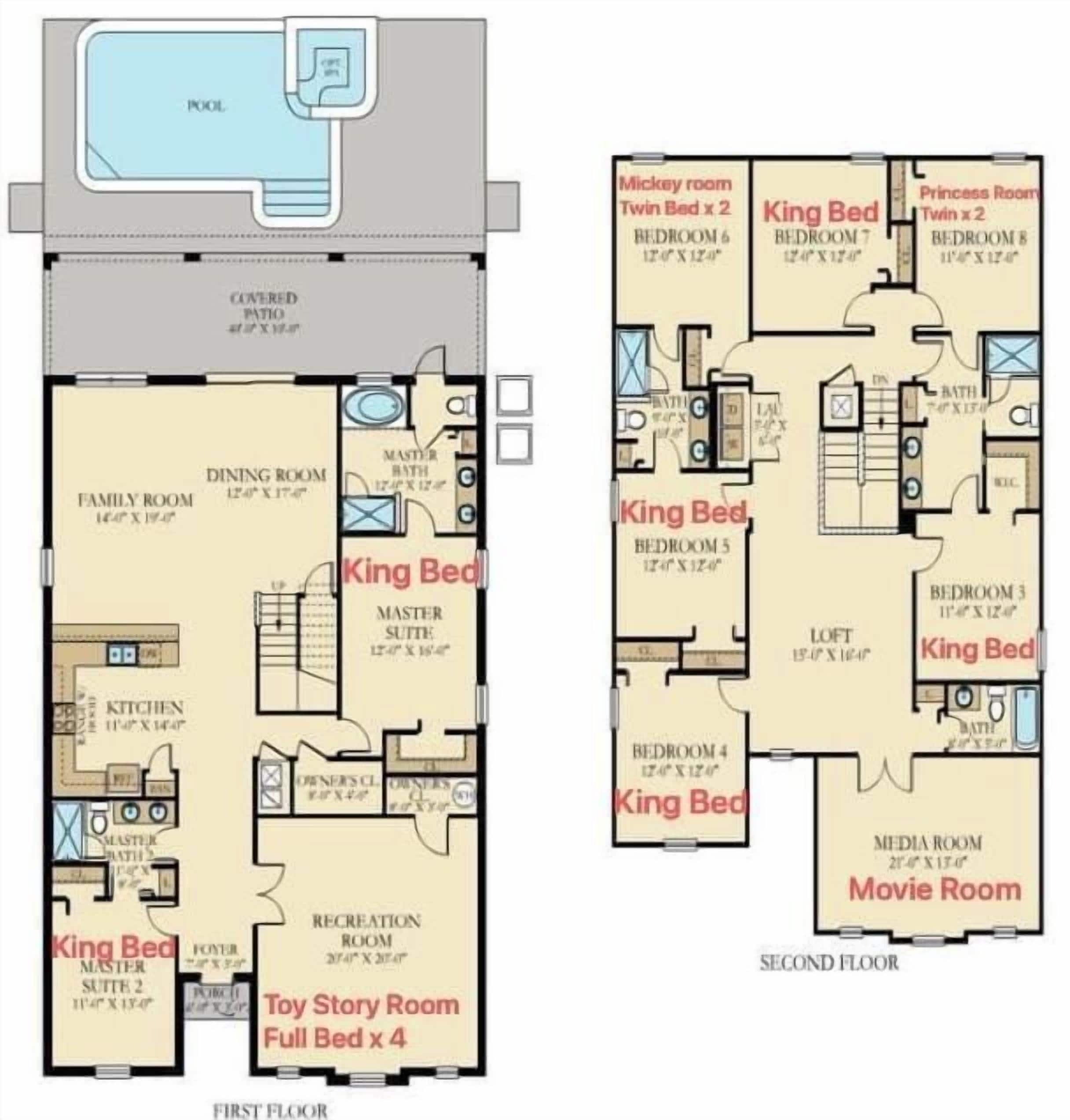 A floor plan of a hotel with a pool, dining room, family room, king beds, and a movie room.