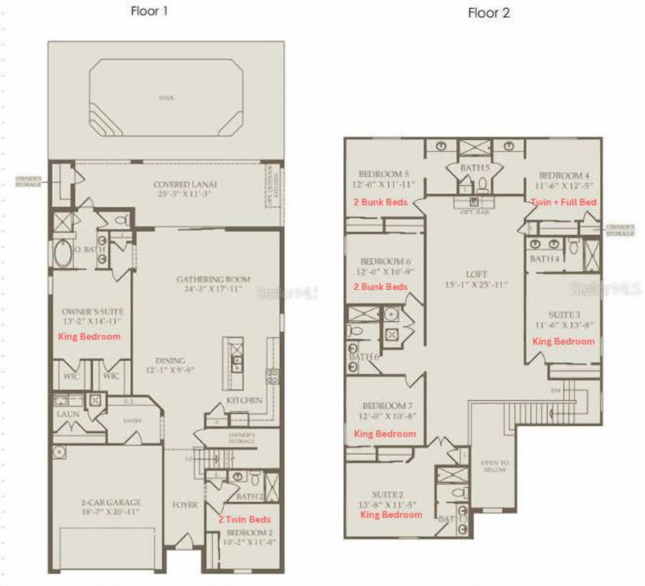 A floor plan with two floors, including a king bedroom, a covered lanai, and a 2-car garage.