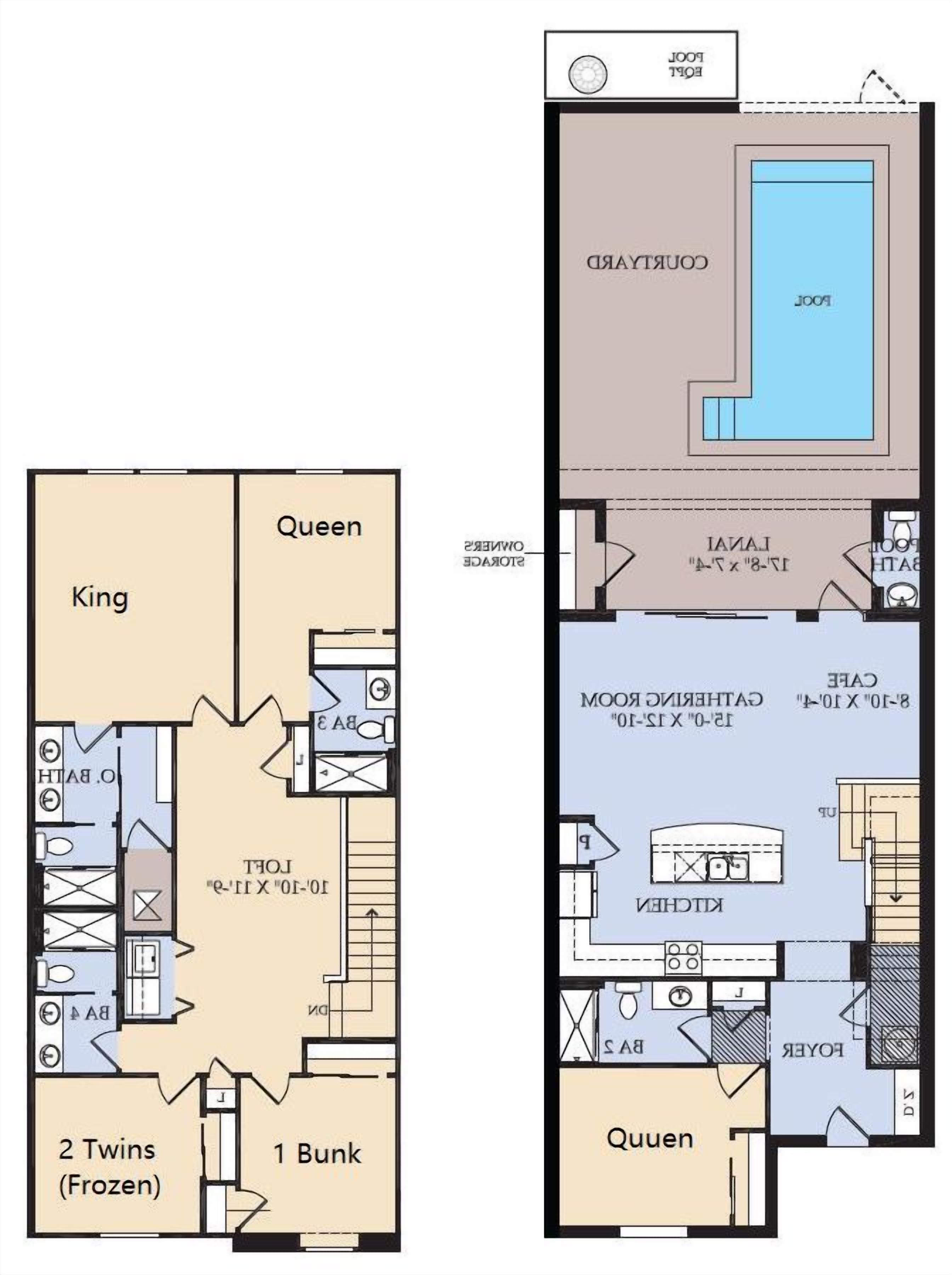 A hotel floor plan with a King room, Queen room, a pool area, and a 2 Twins (frozen) room.