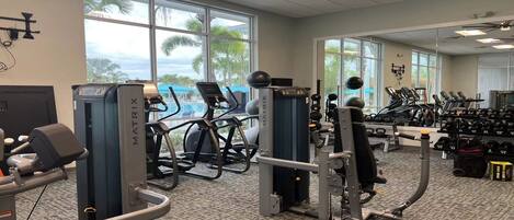 Un gimnasio con diversos equipos de ejercicio, ventanas amplias y vistas a palmeras.